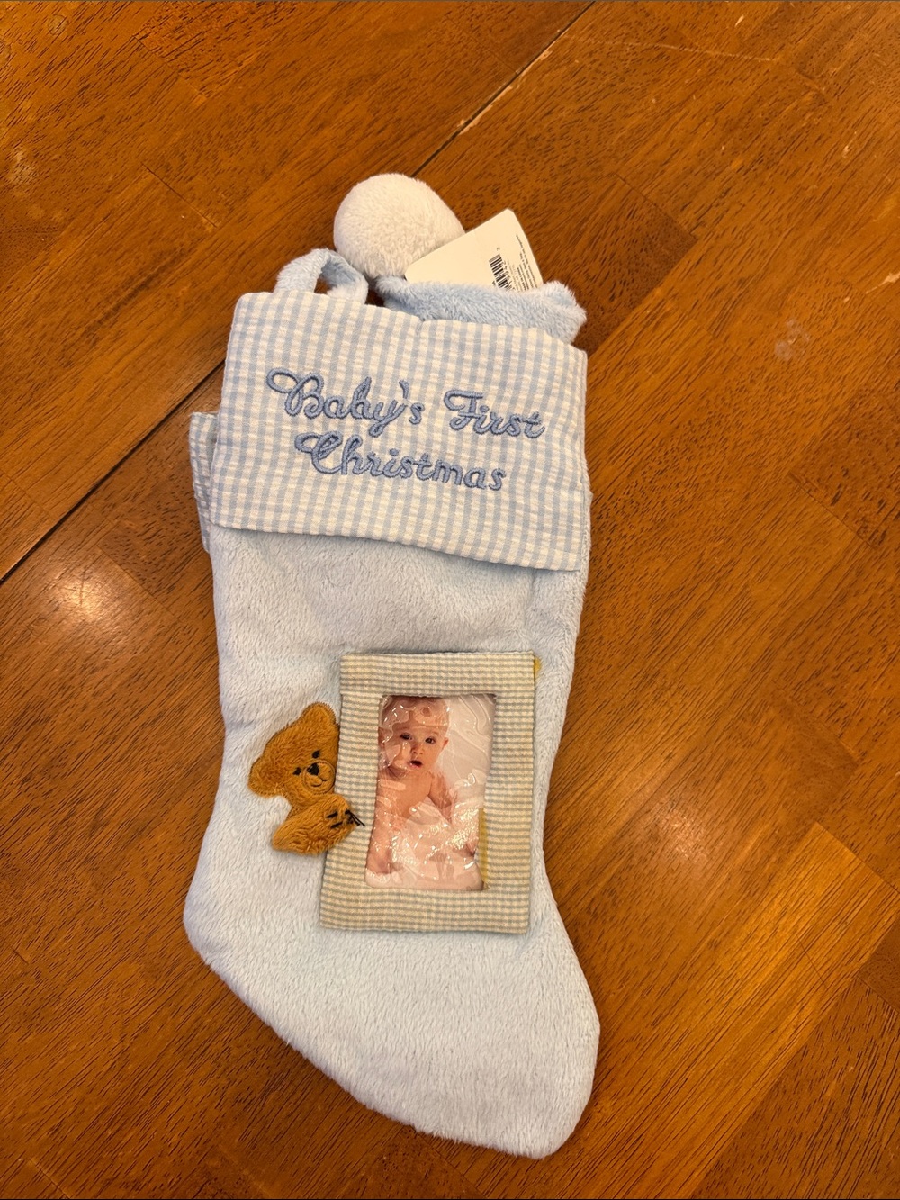 Gerber Light Blue Baby's First Christmas Stocking with Bear and Photo Frame